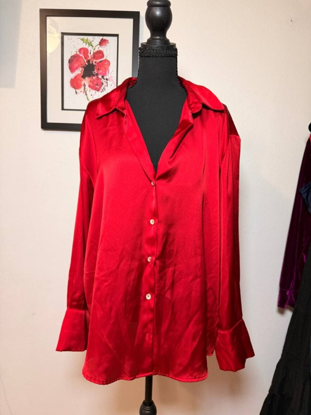 Zara Red Satin Button Up Blouse Dark Academia Whimsigoth Mob Wife
